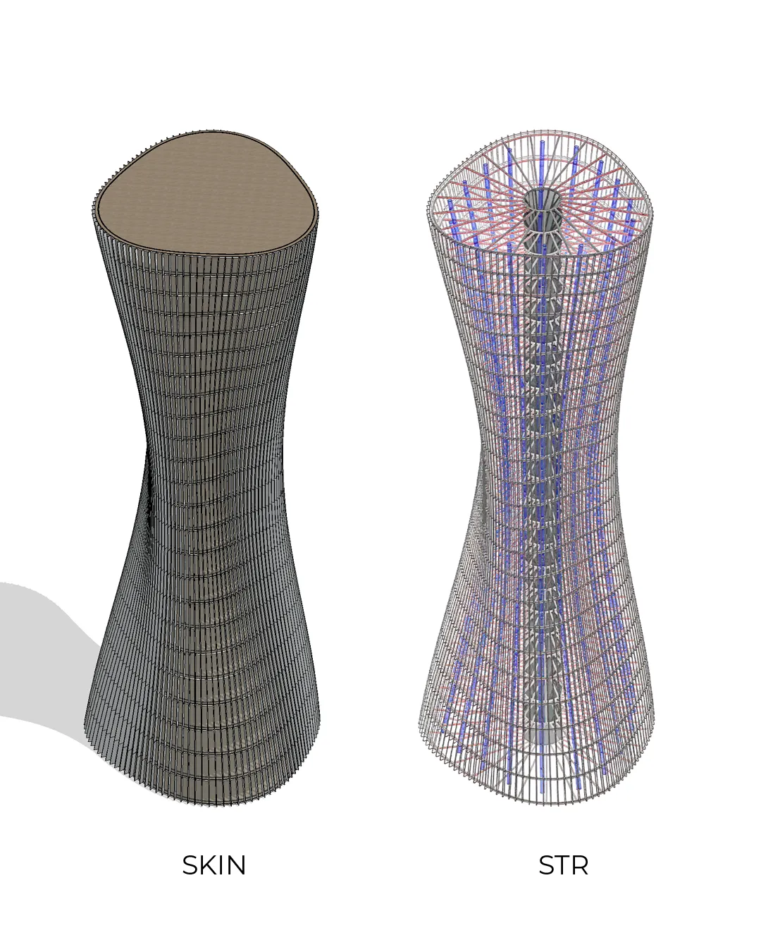 Torre ZMX parametric facade diagram showing skin envelope and structural wireframe